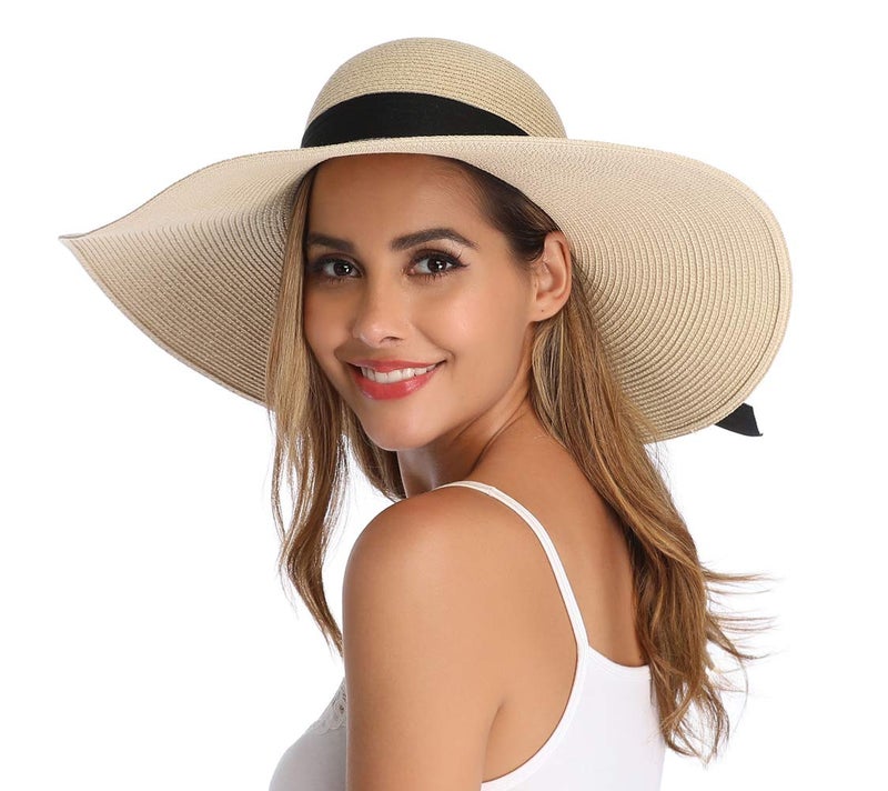Lanzom Womens Wide Brim Straw Hat Big Floppy Foldable Roll up Cap Beach Sun Hat UPF 50+(Bowknot-Beige) - Image 3